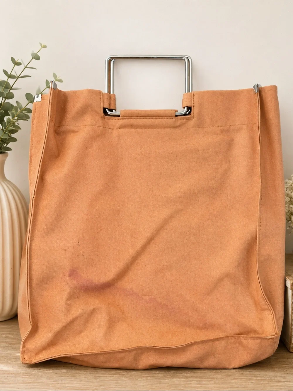 Vintage 1970s Canvas Typography Tote Bag Square Metal Handle Vogue Hug Me Tan